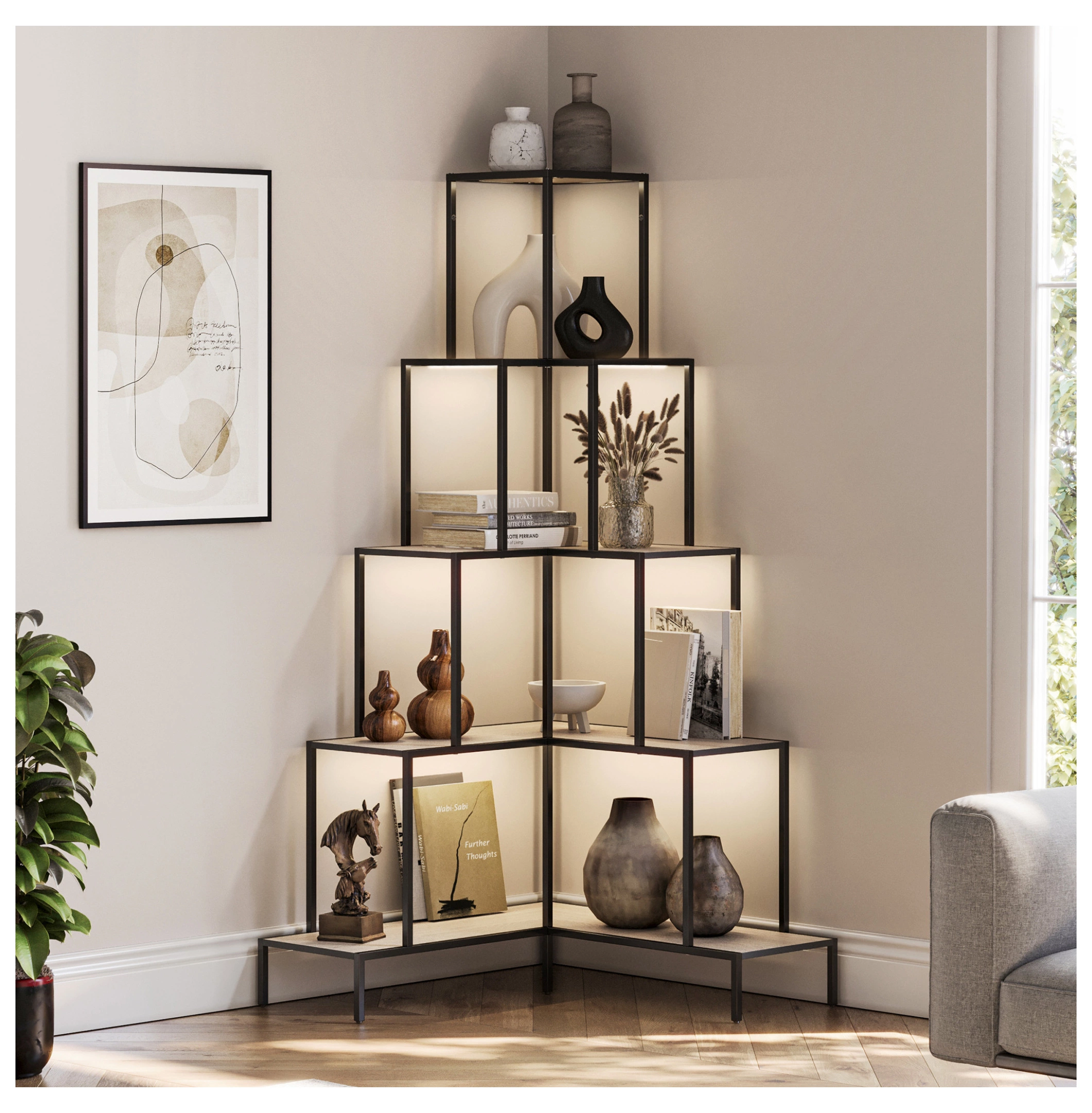 Yunwen 5-Tier Corner Bookshelf RGB Lighting Home and Office