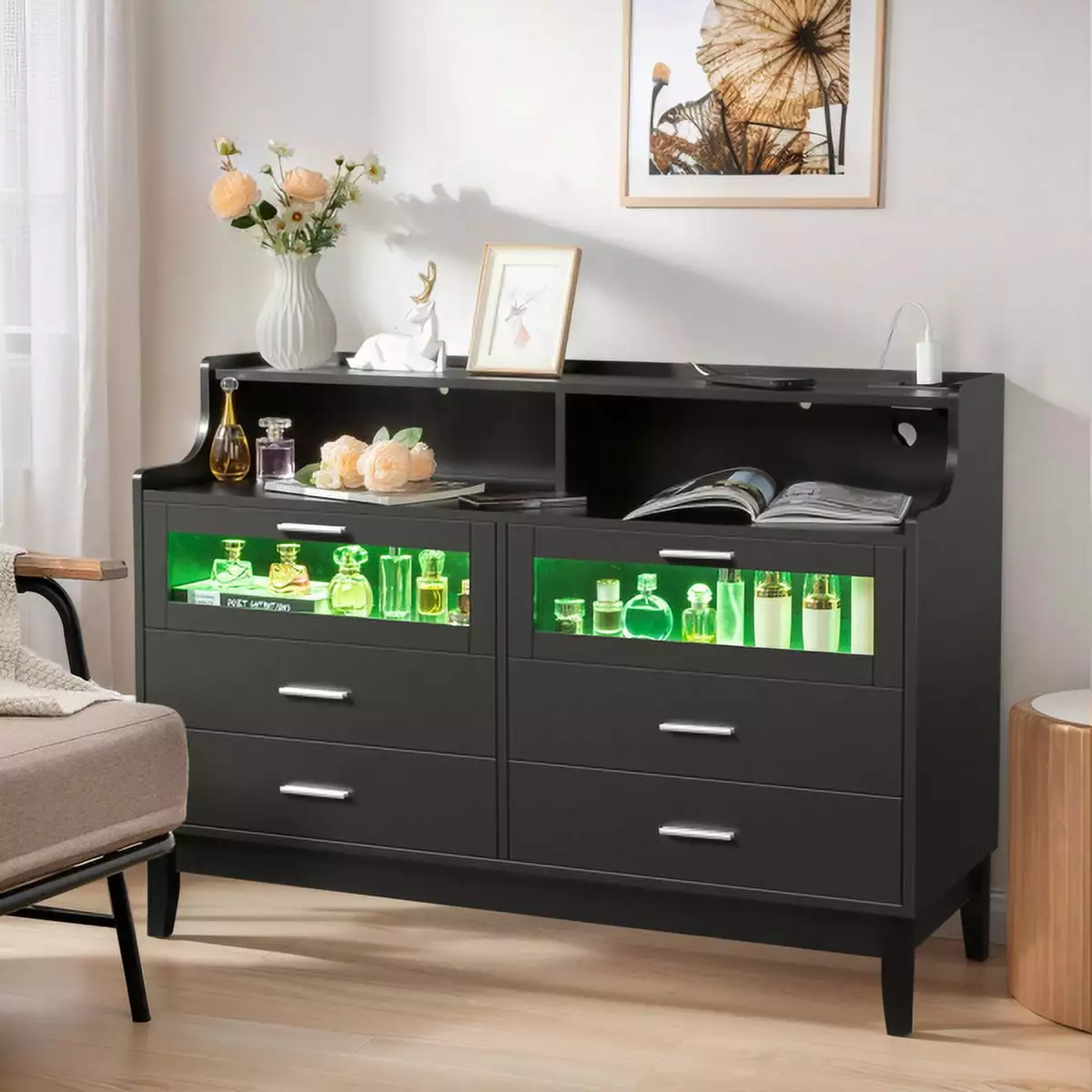 Black Wood Tempered Glass Drawer Dresser LED Light Strips Charging Station USB Ports Bed Table YTTX