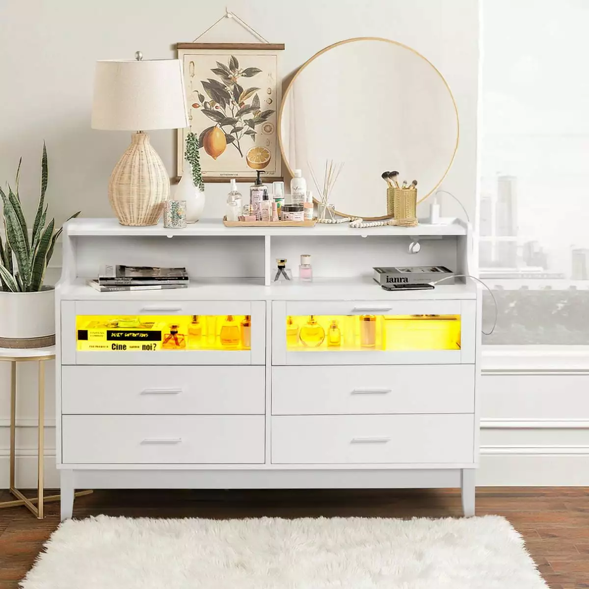 White Wood Tempered Glass Drawer Dresser LED Light Strips Charging Station USB Ports Bed Table YTTX
