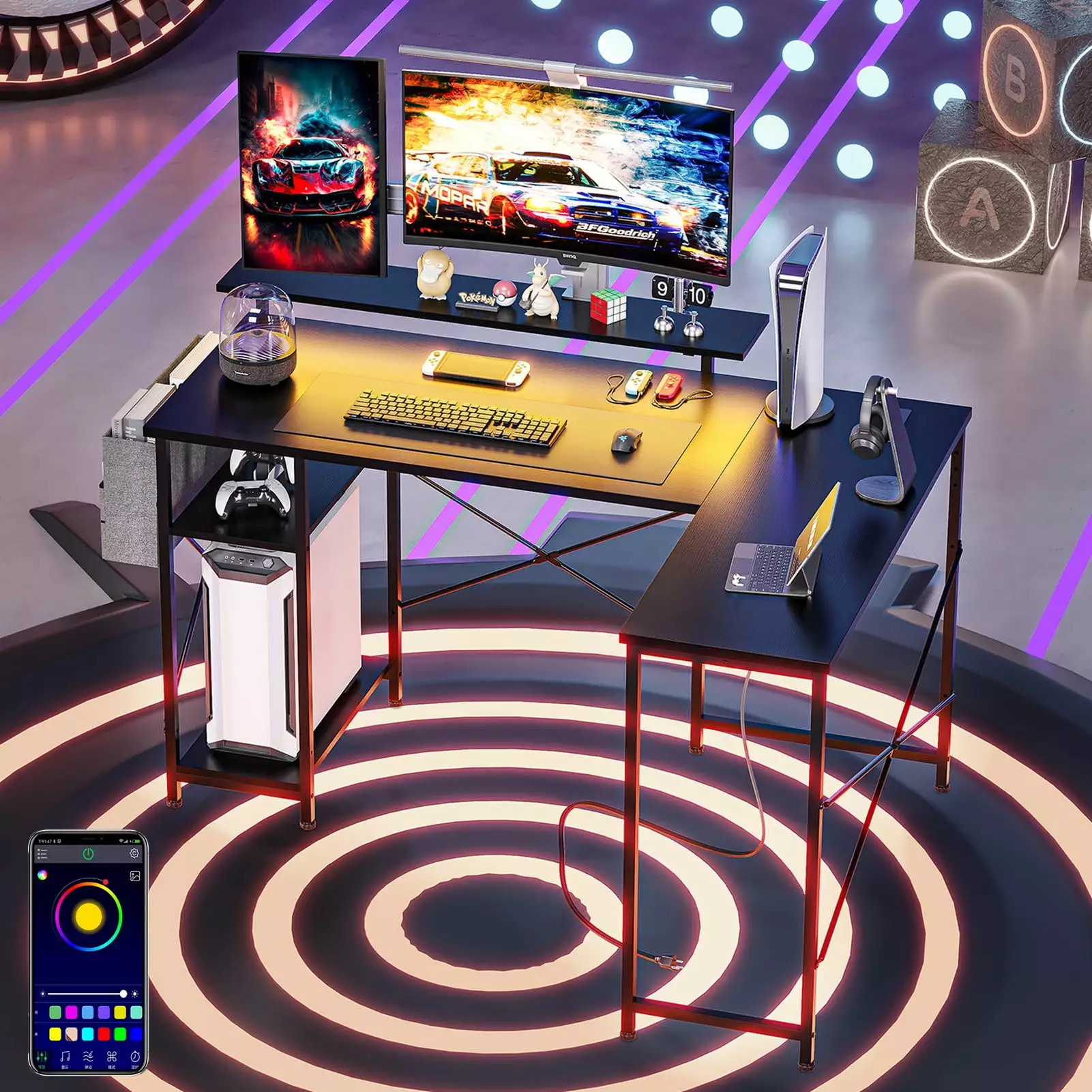 WhizMax 54 L Shaped Gaming Desk LED Light Office Corner Computer PC Study Desk Power Outlet Black