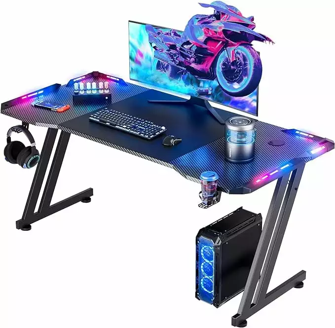 YOSITiuu 63 Inch Gaming Desk LED Lights Carbon Fiber Surface Ergonomic PC Gamer Workstation Black