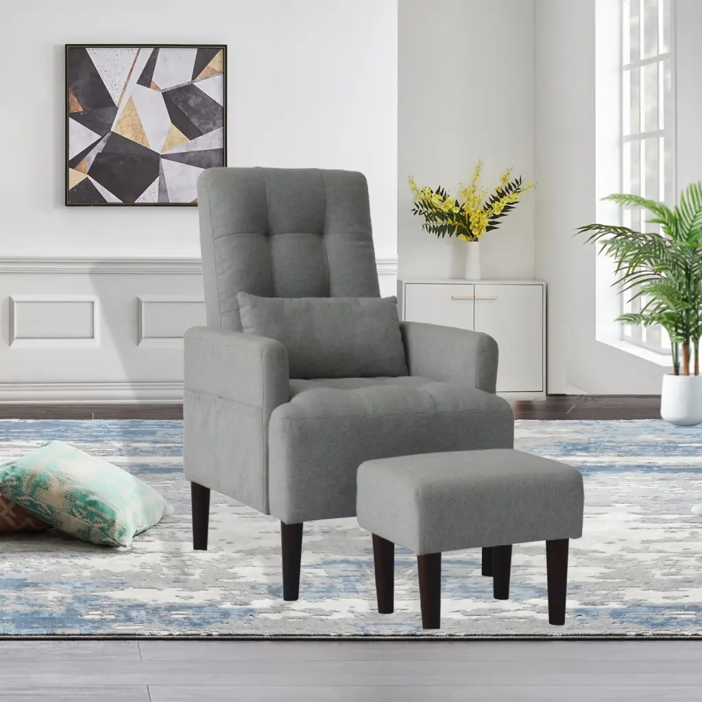 Cream White Modern Leisure Sofa Chair - Adjustable Gray Fabric Design Home Office Ponnky