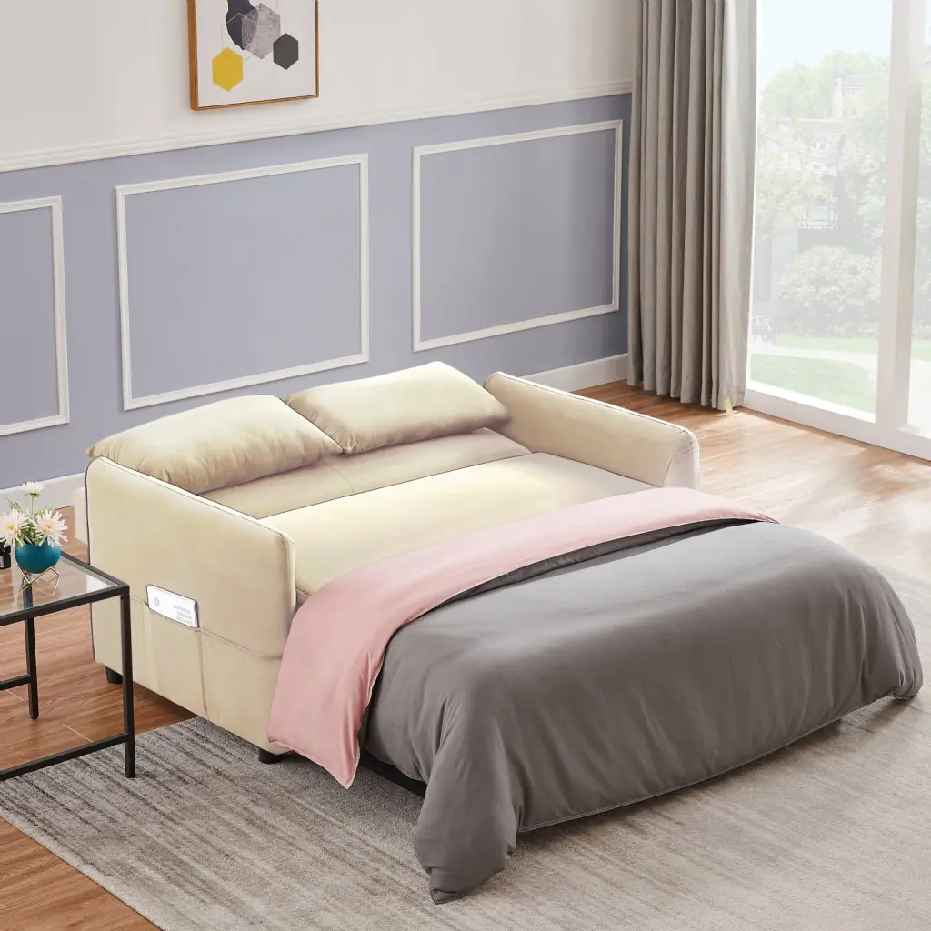 Beige Leisure Love Sofa Velvet Upholstered Comfortable Seating Sturdy Eucalyptus Frame Ponnky