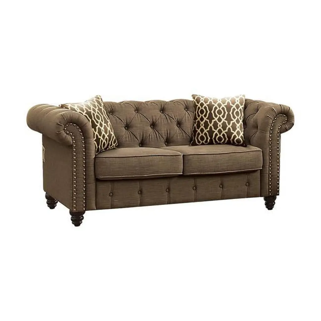 HomeRoots 515736 30 x 67 x 33 Brown 100 Percent Linen Black Standard Love Seat