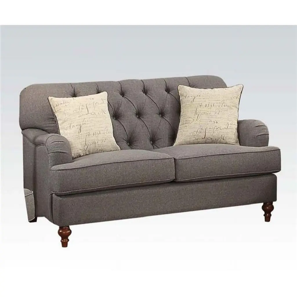HomeRoots 61 Inch Linen Curved Love Seat Toss Pillows Dark Gray and Brown