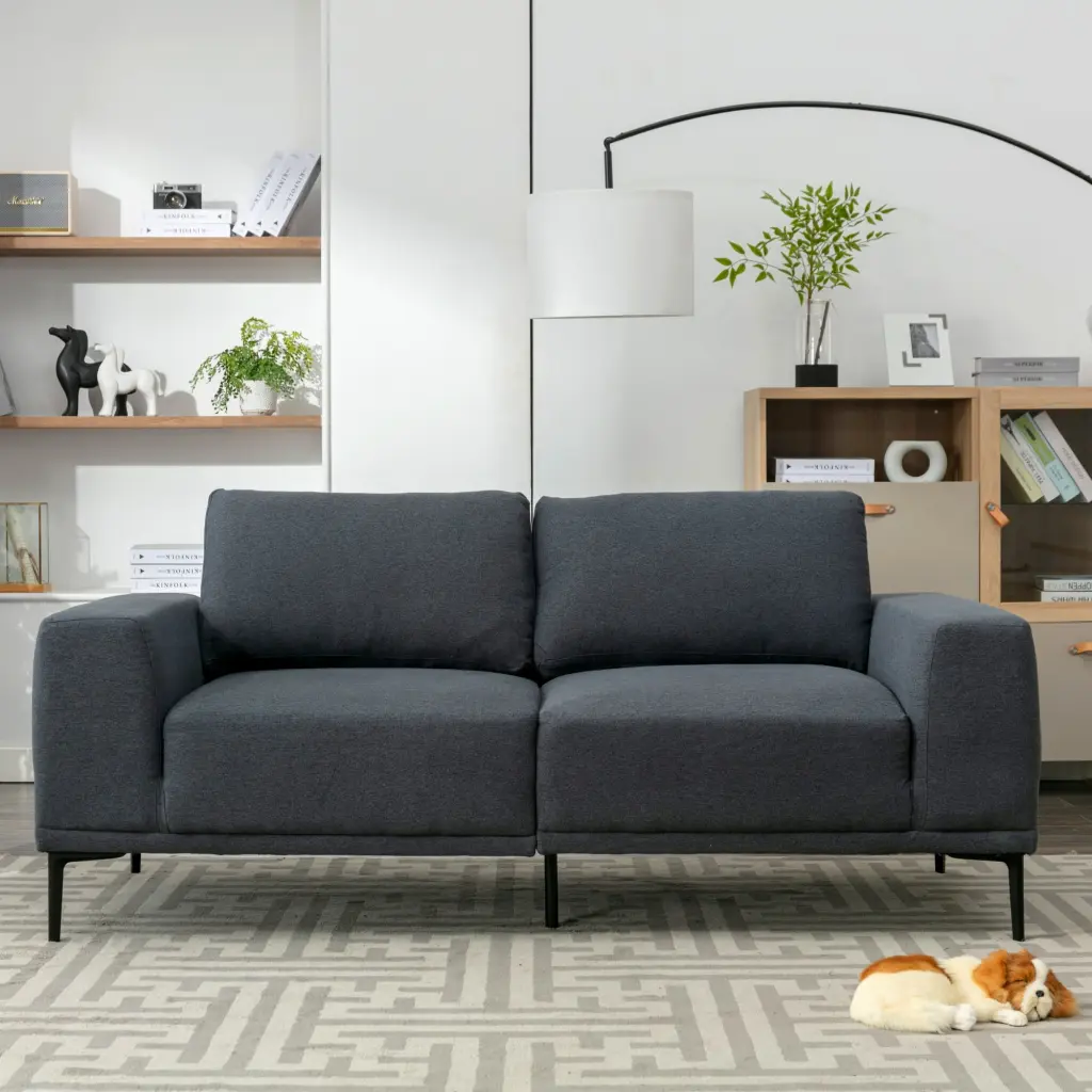 Mid-Century Modern Dark Grey Linen Fabric Loveseat Upholstered Accent Sofa Iron Legs Ideal Living Room Apartment and Bedro...