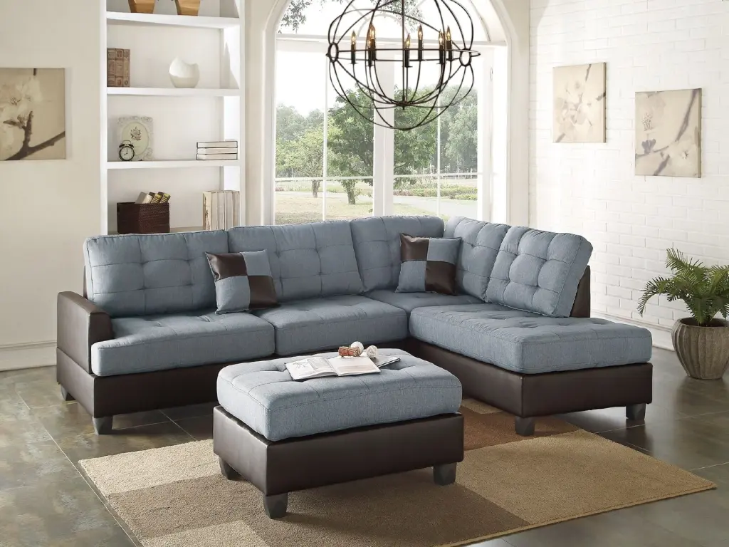 Sectional Sofa Set Grey Linen Fabric Chaise and Ottoman Living Room HS