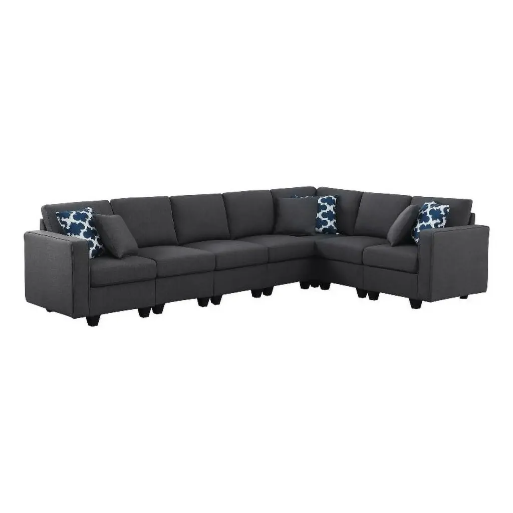 Pemberly Row Fabric Linen Reversible Modular Sectional Sofa Dark Gray Contemporary Living Room Piece