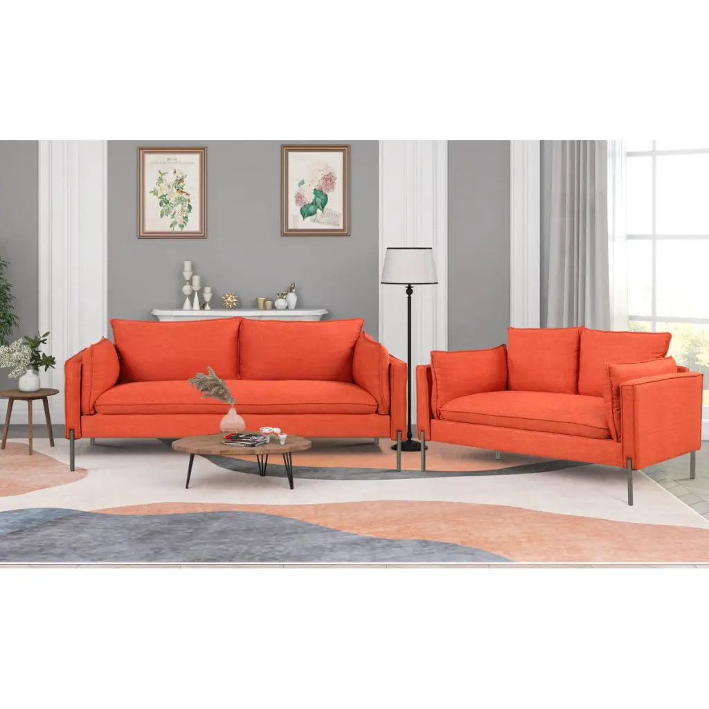 2 Piece Sofa Set Modern Linen Fabric Upholstered Loveseat and 3 Seat Couch Set Orange 30AAG Miekor