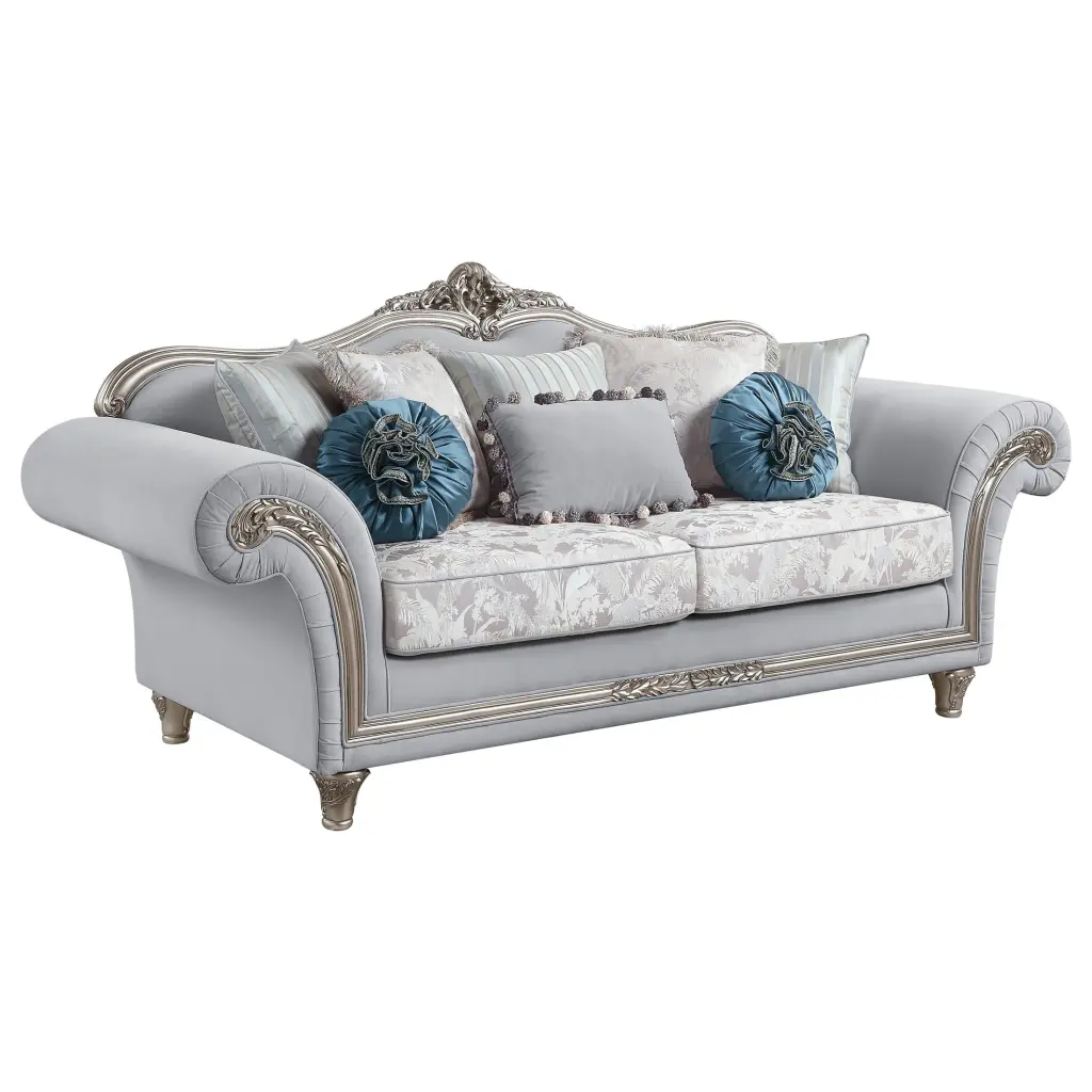 ACME Pelumi Linen Fabric Upholstered Sofa 8 Pillows Light Gray Platinum Acme Furniture