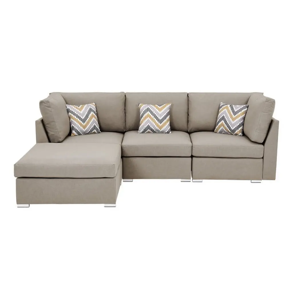 Amira Beige Linen Fabric Sofa Ottoman and Pillows Lilola Home