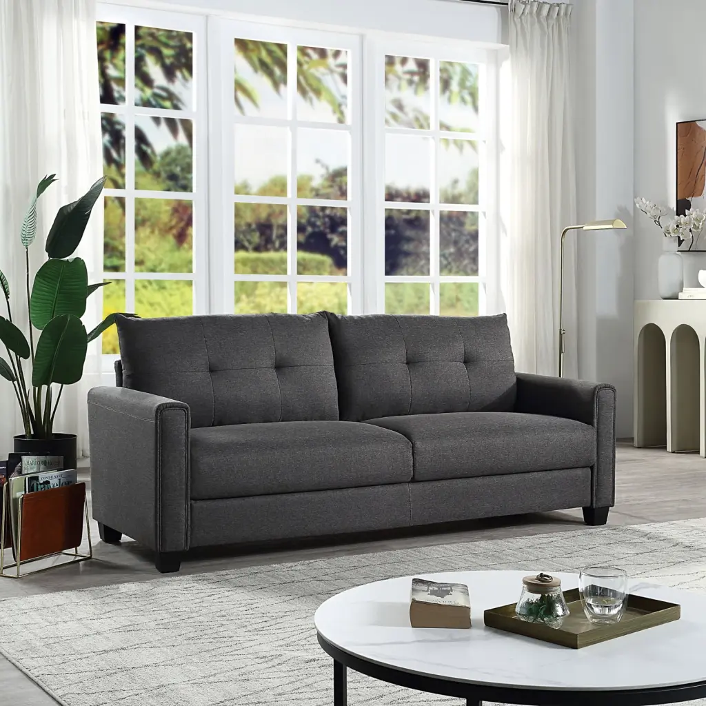 Dark Grey Linen Fabric Upholstered Sofa Plush Tufted Cushions Tool-Free Assembly Ponnky