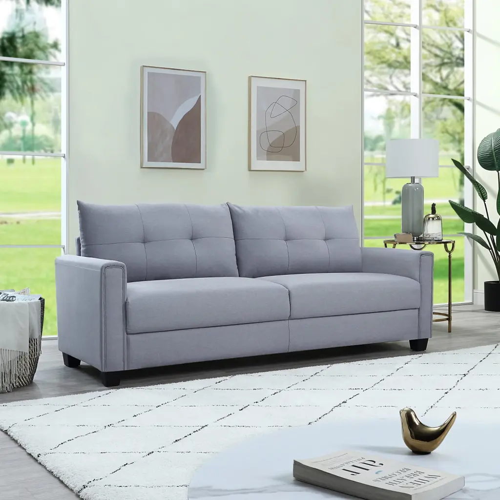 Light Grey Linen Fabric Upholstery Sofa Comfortable Tufted Cushions Easy Assembly Ponnky