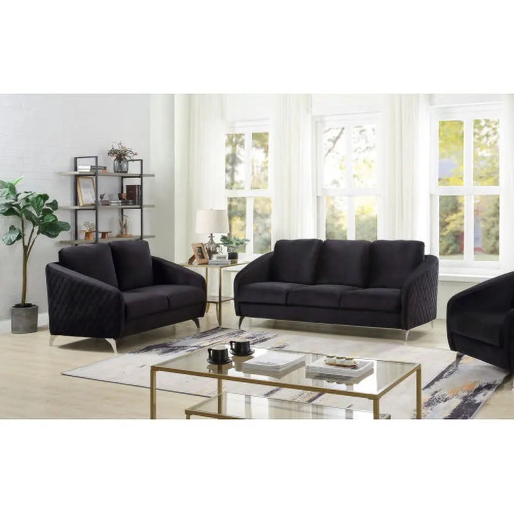 Velvet Sofa Set 2-Piece Living Room Set Black - Mid Century Modern Sofas Metal Legs ARCTICSCORPION