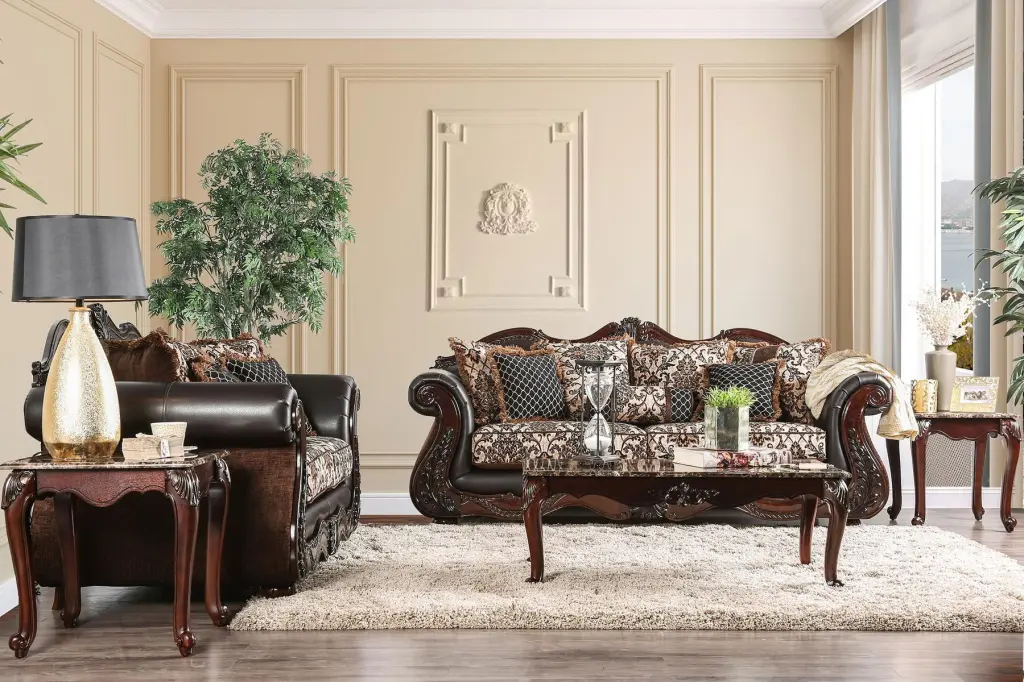 Traditional Brown Espresso Leatherette Sofa and Loveseat Set FOA Jamael Furniture of America