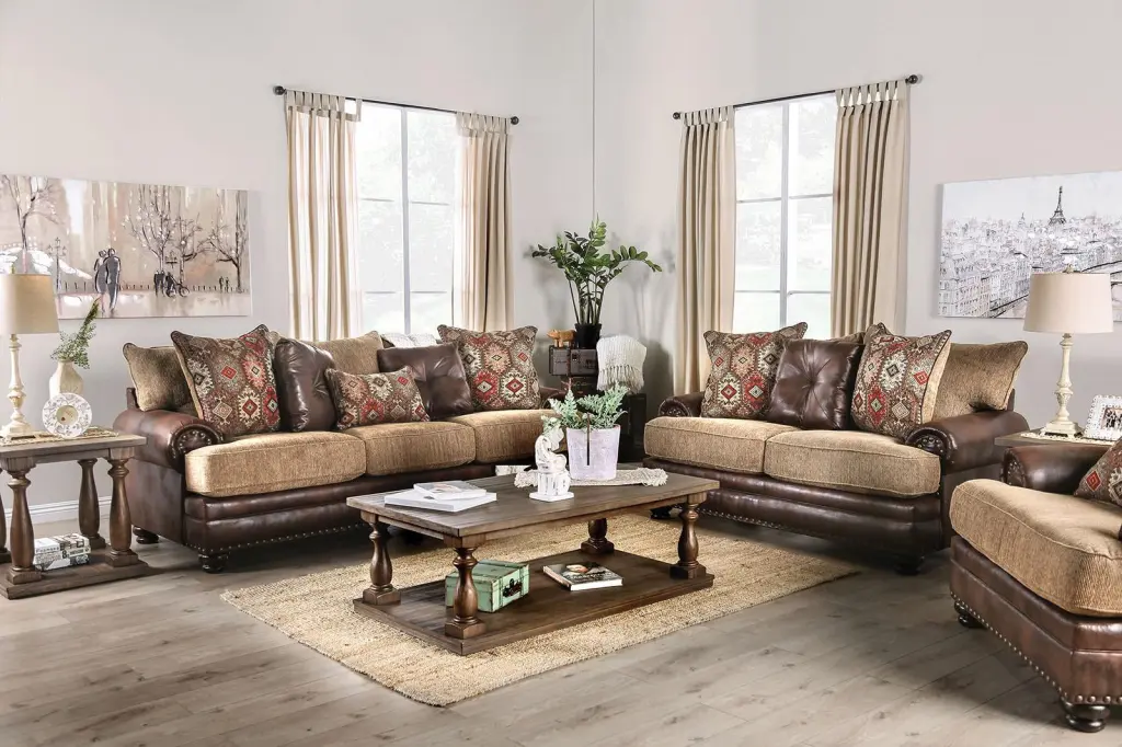 Transitional Brown Tan Leatherette Chenille Sofa and Loveseat Set FOA Fletcher Furniture of America