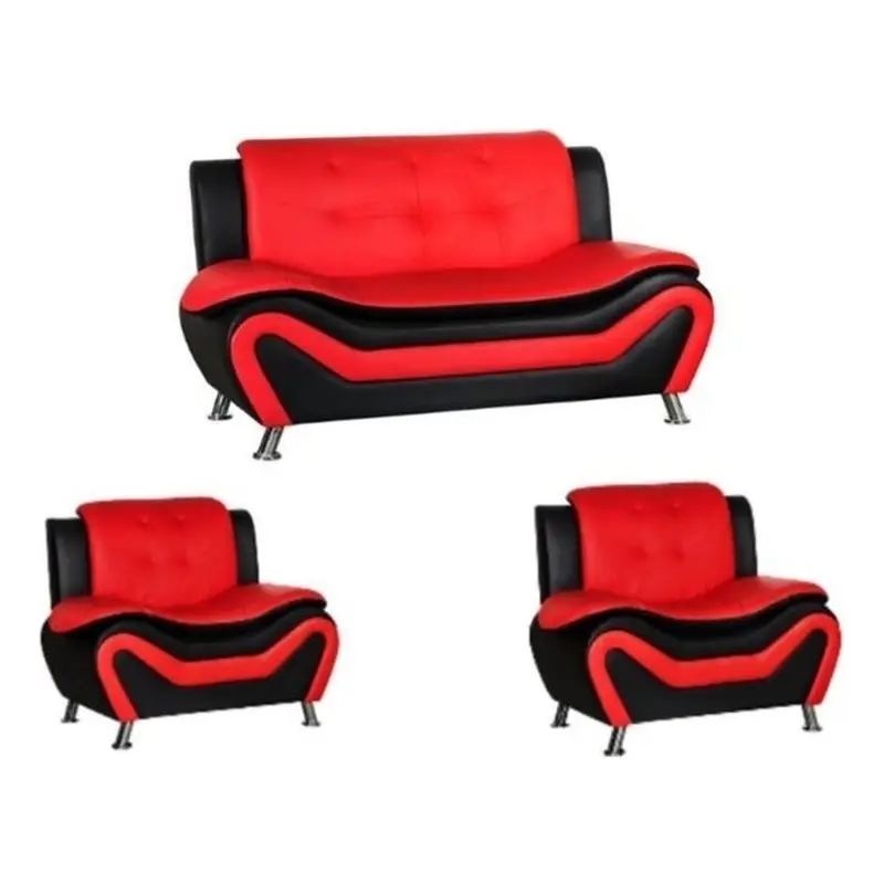 Pemberly Row Faux Leather 3 Piece Loveseat and Chair Set Black Red
