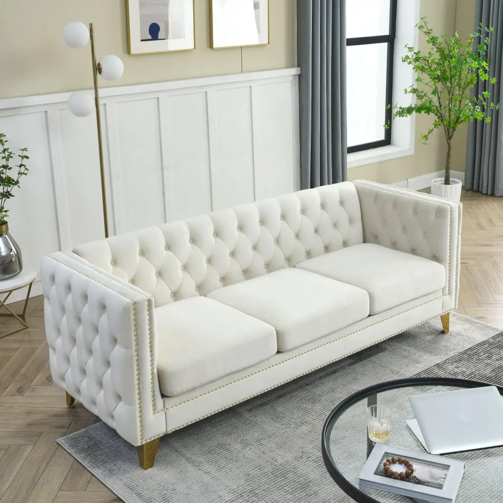 80.5 Inch Velvet Big Comfy Sofa Tufted Design and 3 Seat Cushions Beige Waytrim