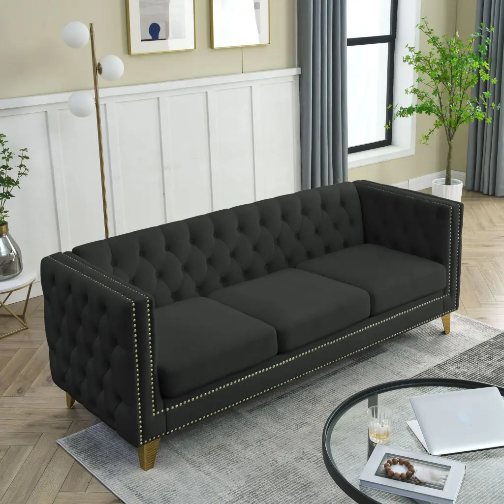 80.5 Inch Velvet Big Comfy Sofa Tufted Design and 3 Seat Cushions Black Waytrim