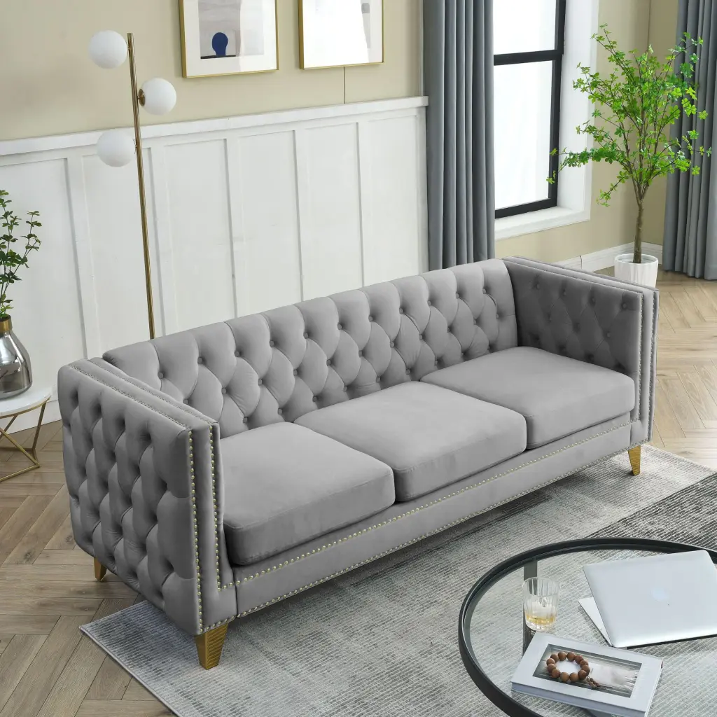 80.5 Inch Velvet Big Comfy Sofa Tufted Design and 3 Seat Cushions Grey Waytrim