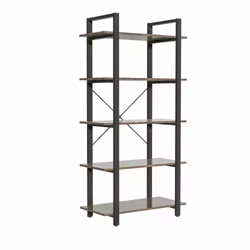 5 Tier Bookshelf - Vintage Industrial Rustic Wood and Metal Open Loft Shelf Genxin