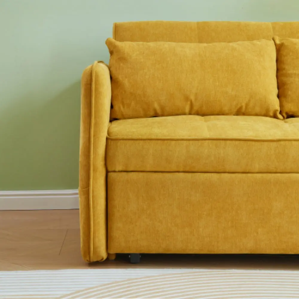 Yellow Chenille Fabric Pull-Out Sofa Bed Sleeper Loveseat Adjustable Armrests YRWL