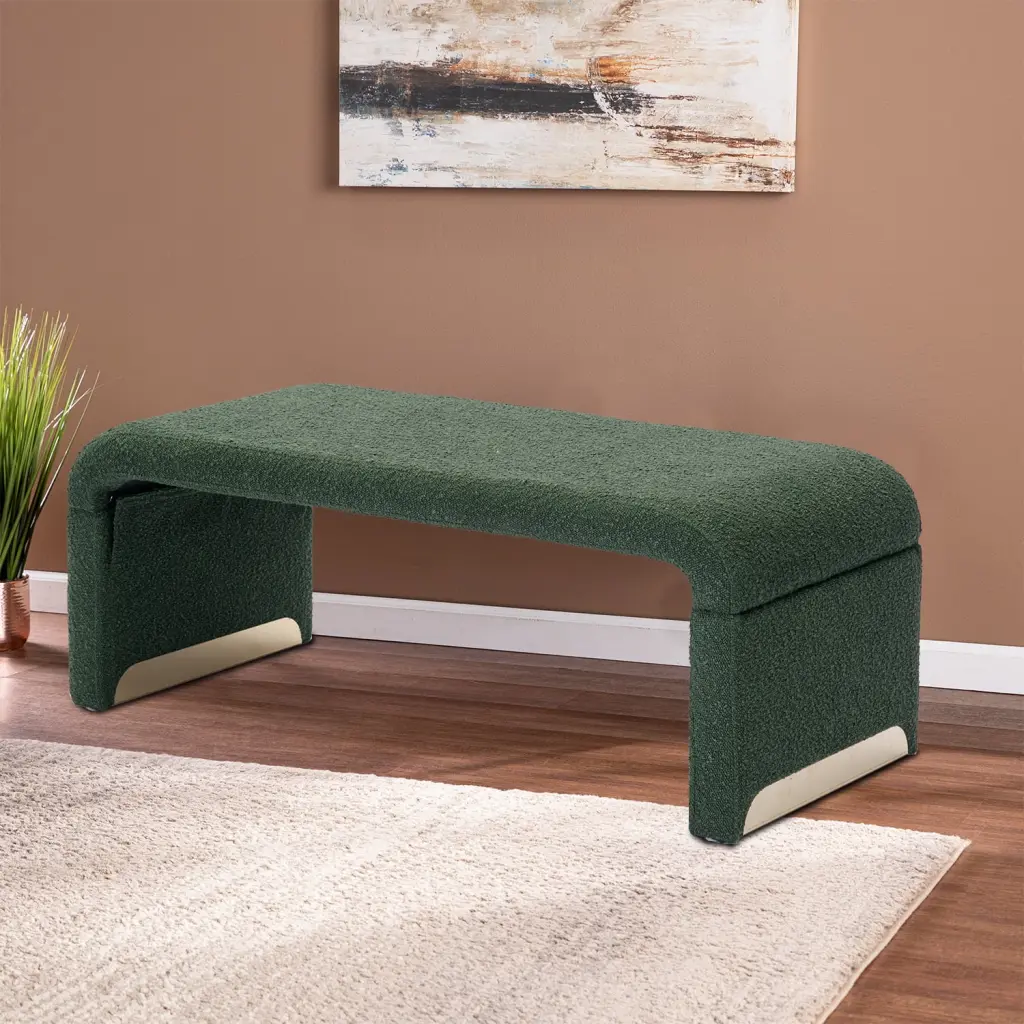 Comfortable Boucle Fabric Loveseat Bench Wooden Frame and Gold Metal Legs Bedroom Green CADIOR