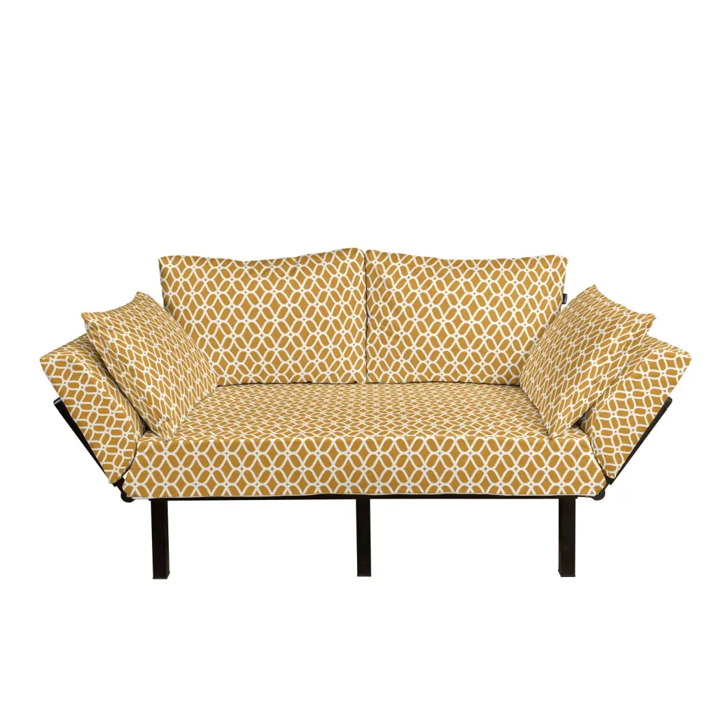 Ethnic Futon Couch Symmetric Crochet Lace Daybed Metal Frame Dark Yellow White Ambesonne