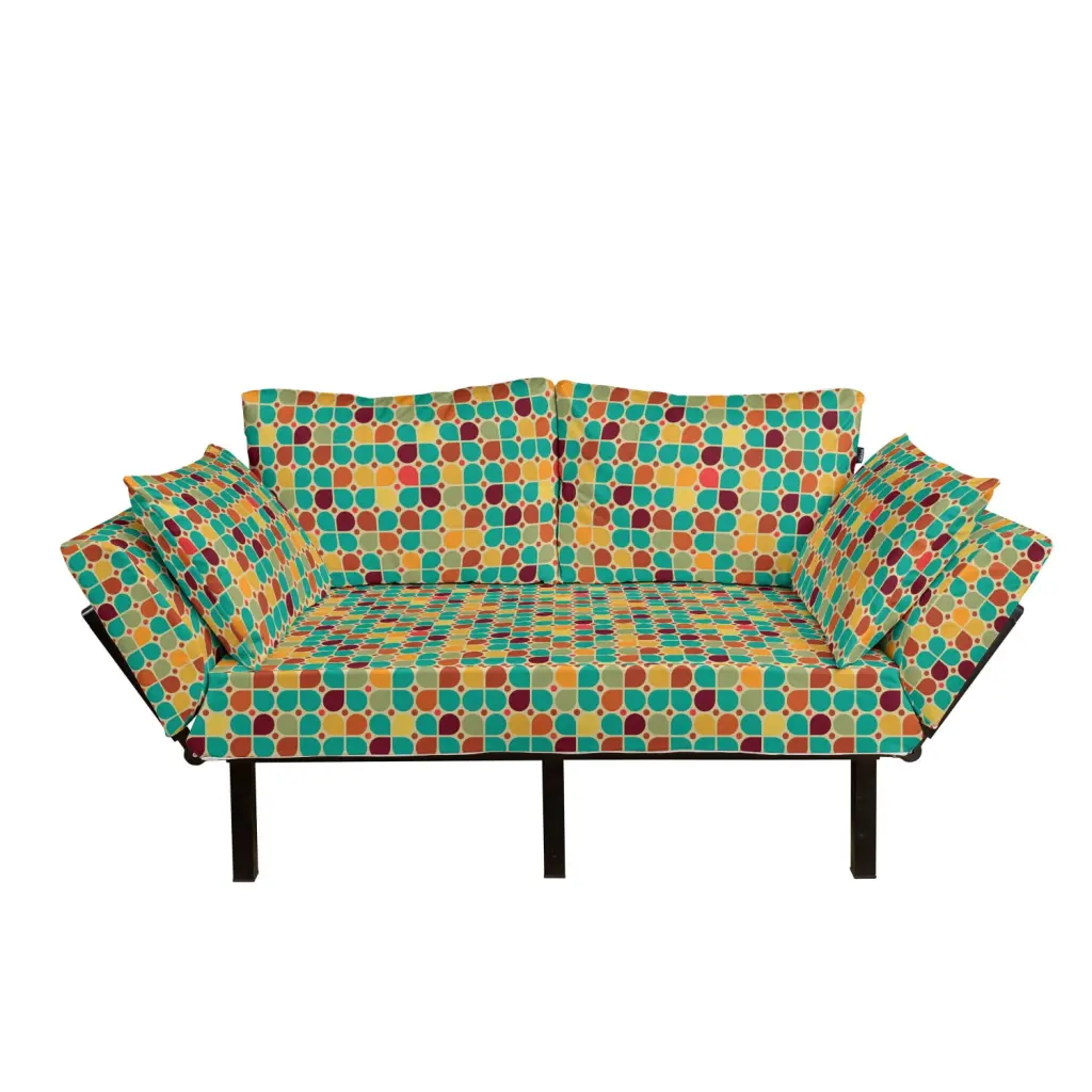 Retro Futon Couch Polka Dotted and Abstract Petals Design Multicolor Ambesonne