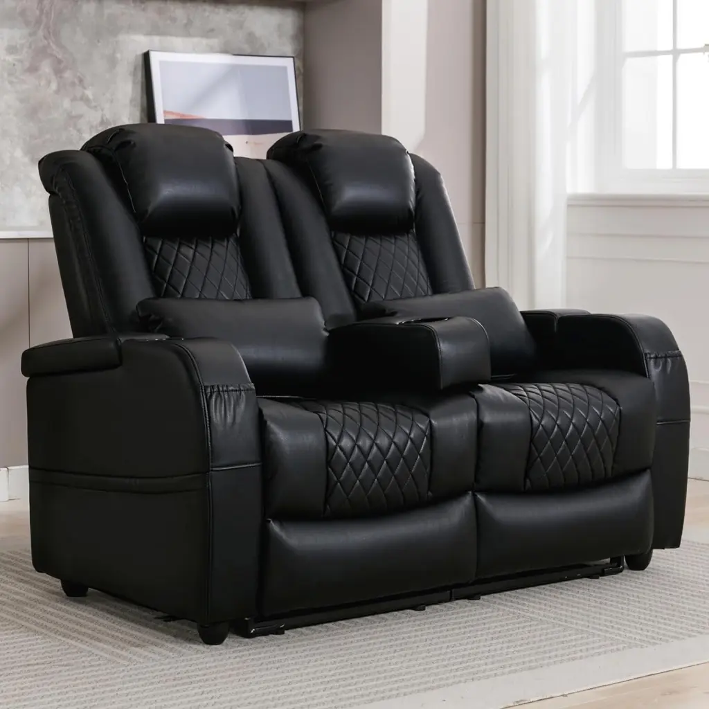 57 Black PU Leather RV Loveseat Recliner 135Â° Theater Seating ATKELITION