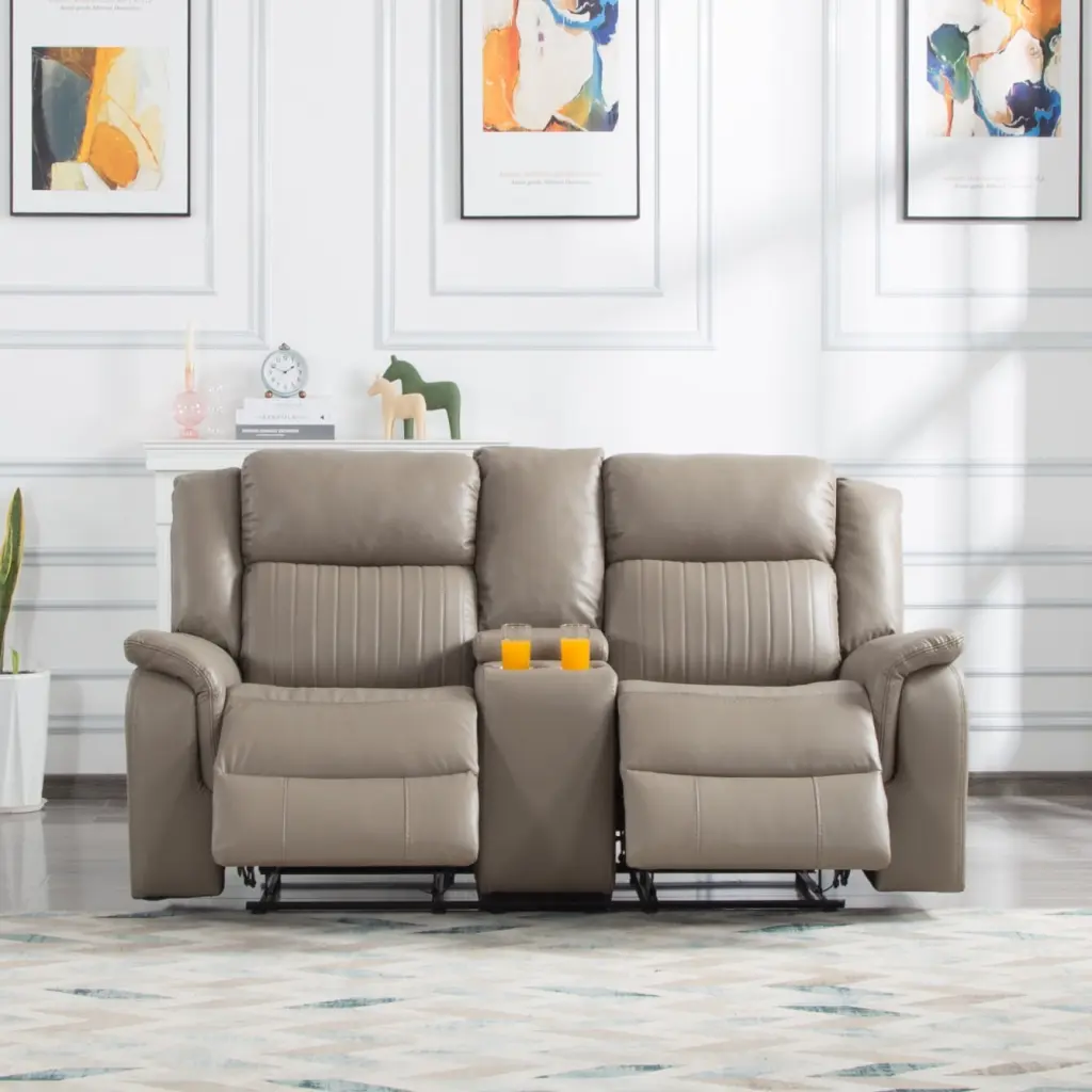 72 Inch Manual Reclining Loveseat Console Cup Holders Gray Double Recliner Sofa THOWDEE