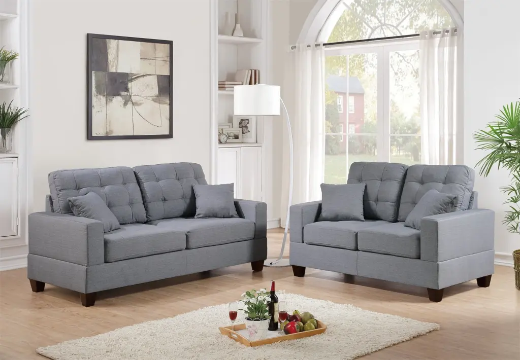2 Piece Living Room Sectional Sofa Set Grey Faux Leather - Mid-Century Modern Design 4 Pillows ARCTICSCORPION