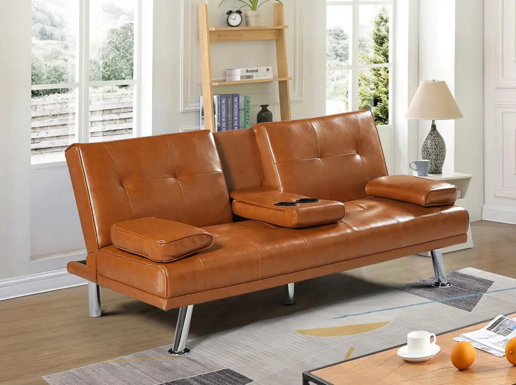 Modern Convertible Faux Leather Loveseat Sleeper Sofa Bright Brown CQSXDA