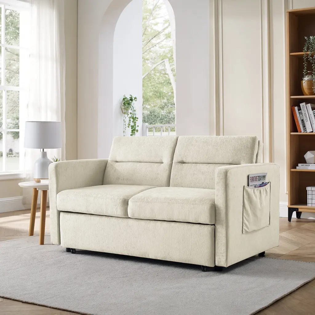 Beige Loveseat Sofa Bed Pull-Out Feature and Adjustable Back SNAILF