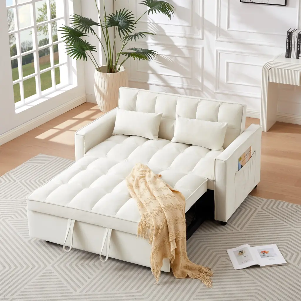 55 Portable Sofa 2 Seater Pull-Out Bed and Lumbar Pillows Velvet Convertible Loveseat Sleeper Sofa Ivory ARCTICSCORPION