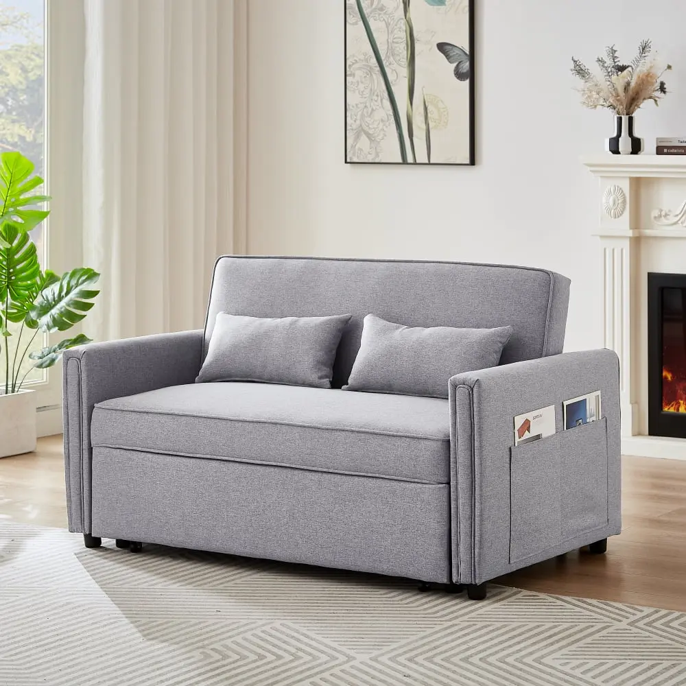 Convertible Grey Linen Loveseat Sleeper Sofa Adjustable Backrest Small Spaces Ponnky