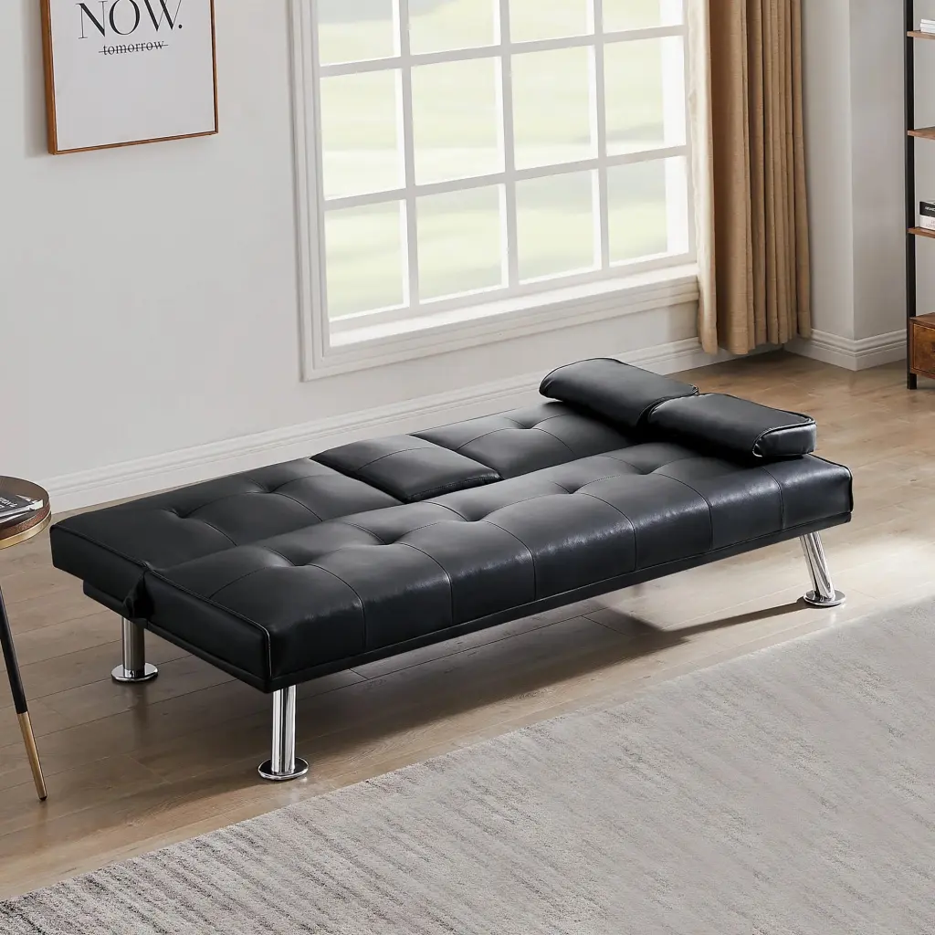 Black Faux Leather Loveseat Sofa Bed Cup Holders Convertible Folding Sleeper Couch Bed unknown