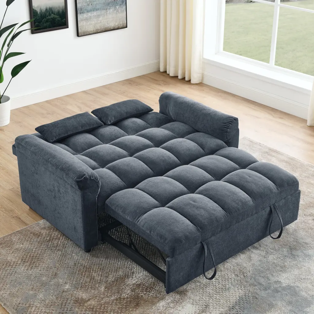 Loveseats Sofa Bed Pull-out Bed Adjustable Back Blue and Grey Leadbon