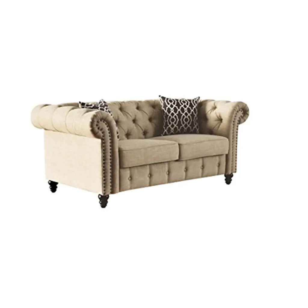 ACME Aurelia Nail-head Trim Tufted Loveseat 2 Pillows Beige Linen Acme Furniture