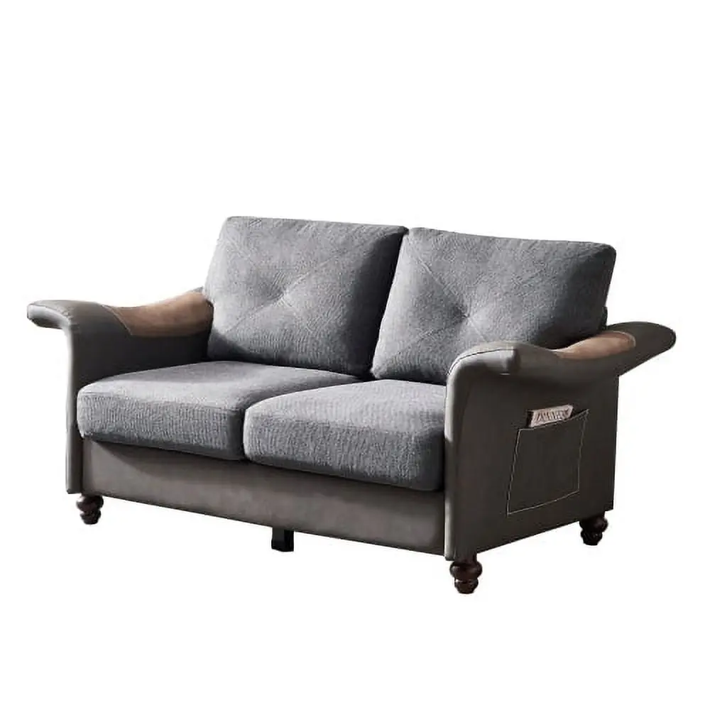 Adrinfly Living Room Linen Fabric Faux Leather Loveseat Wood Legs