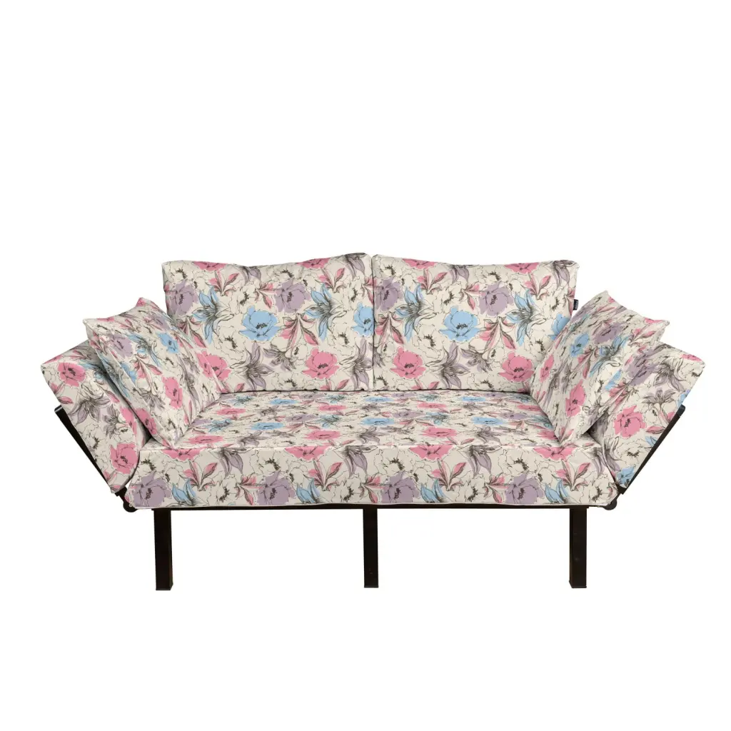 Floral Futon Couch Hand Drawn Lily and Poppies Sketch Daybed Loveseat Multicolor Ambesonne