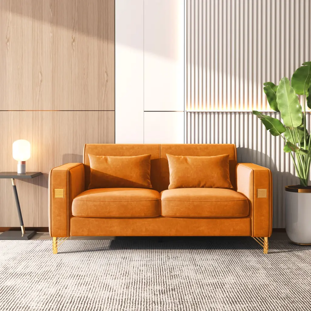 Velvet Loveseat Pillows and Gold Finish Metal Leg Living Room ANTFURN