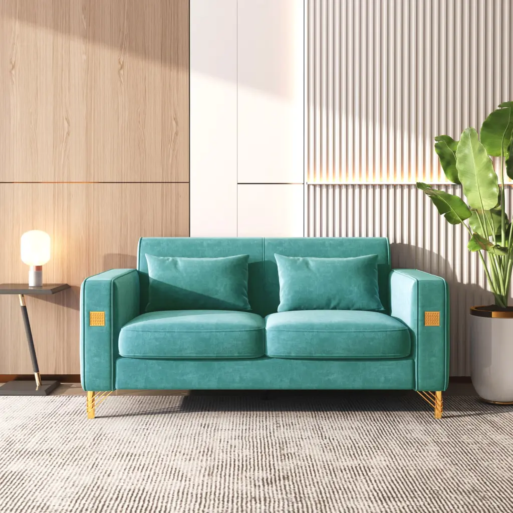 Velvet Loveseat Pillows and Gold Finish Metal Leg Living Room ANTFURN