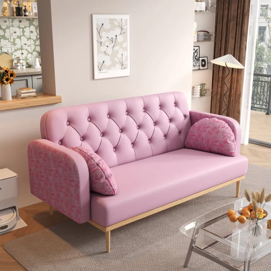 56.6 Faux Leather Loveseat Sofa Upholstered Modern 2-seat Sofa Couch 2 Dumpling-shaped Throw Tulip Pillows Pink ARCTICSCOR...