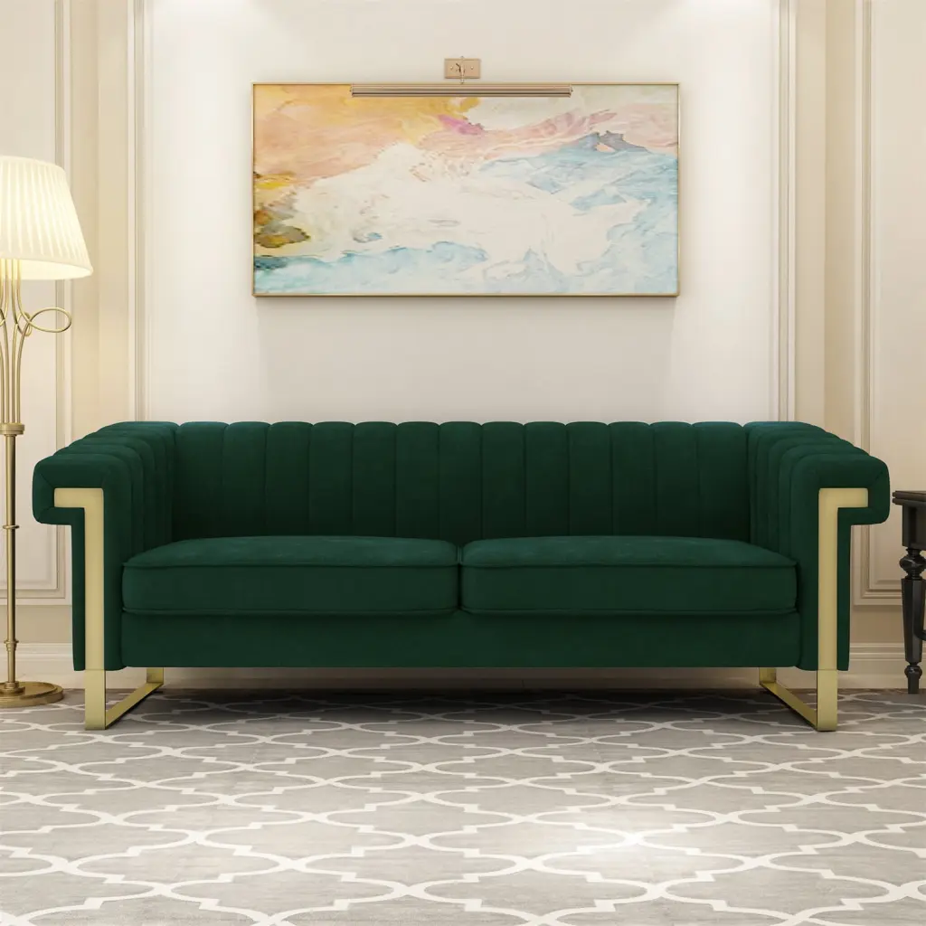 83.85 Velvet Loveseat Sofa Mid-Century Tufted Chesterfield Sofa Gold Legs Retro Green 3-Seater ARCTICSCORPION