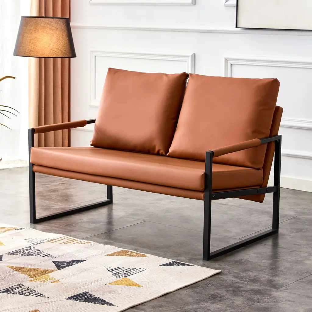 Mid Century Faux Leather Loveseat Living Room Small 2-Seat Sofa Couches Pillows Brown BaseNuo