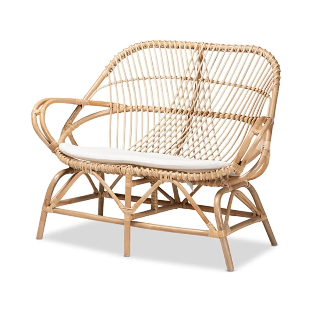 Baxton Studio Jayden Modern Bohemian White Fabric and Brown Rattan Loveseat