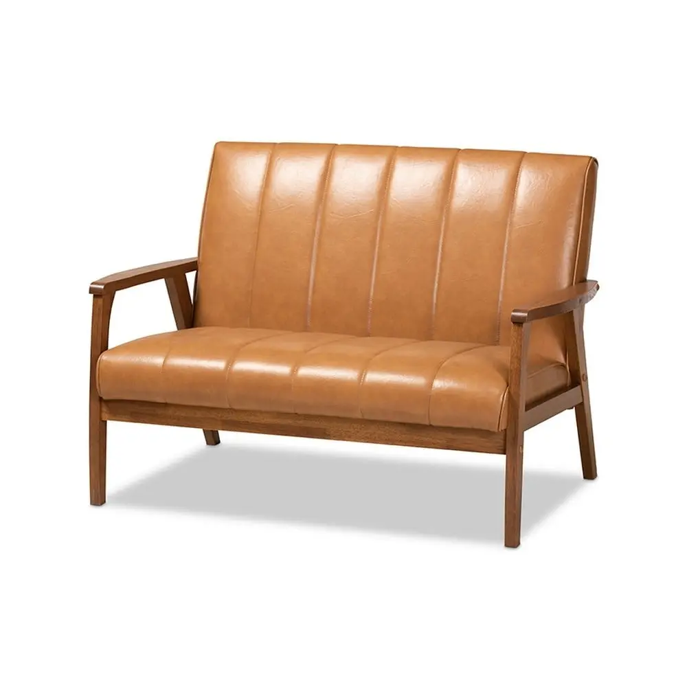 Nikko Mid-Century Modern Tan Faux Leather Upholstered Loveseat Walnut Wood Legs Baxton Studio