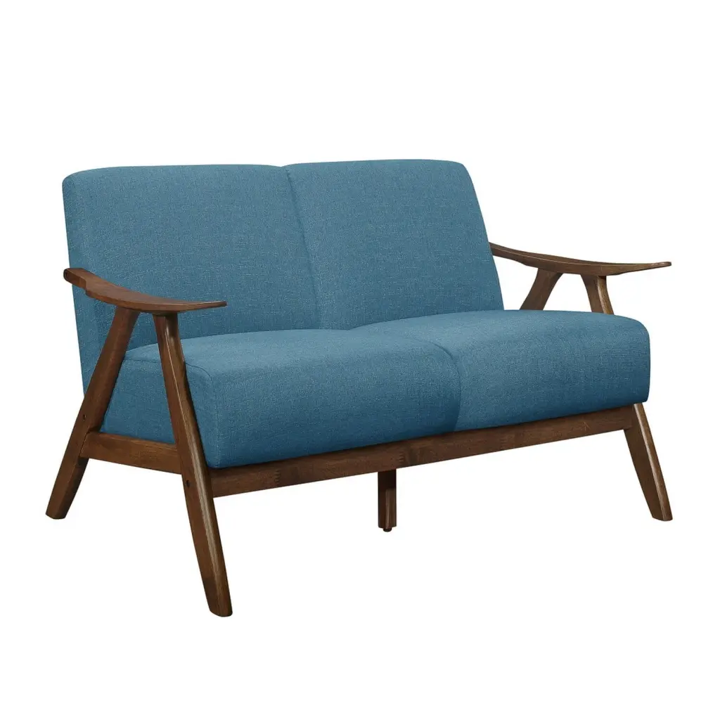 Benjara BM313159 Indy 51 Loveseat Rubberwood Angled Frame Textured Fabric Brown Blue