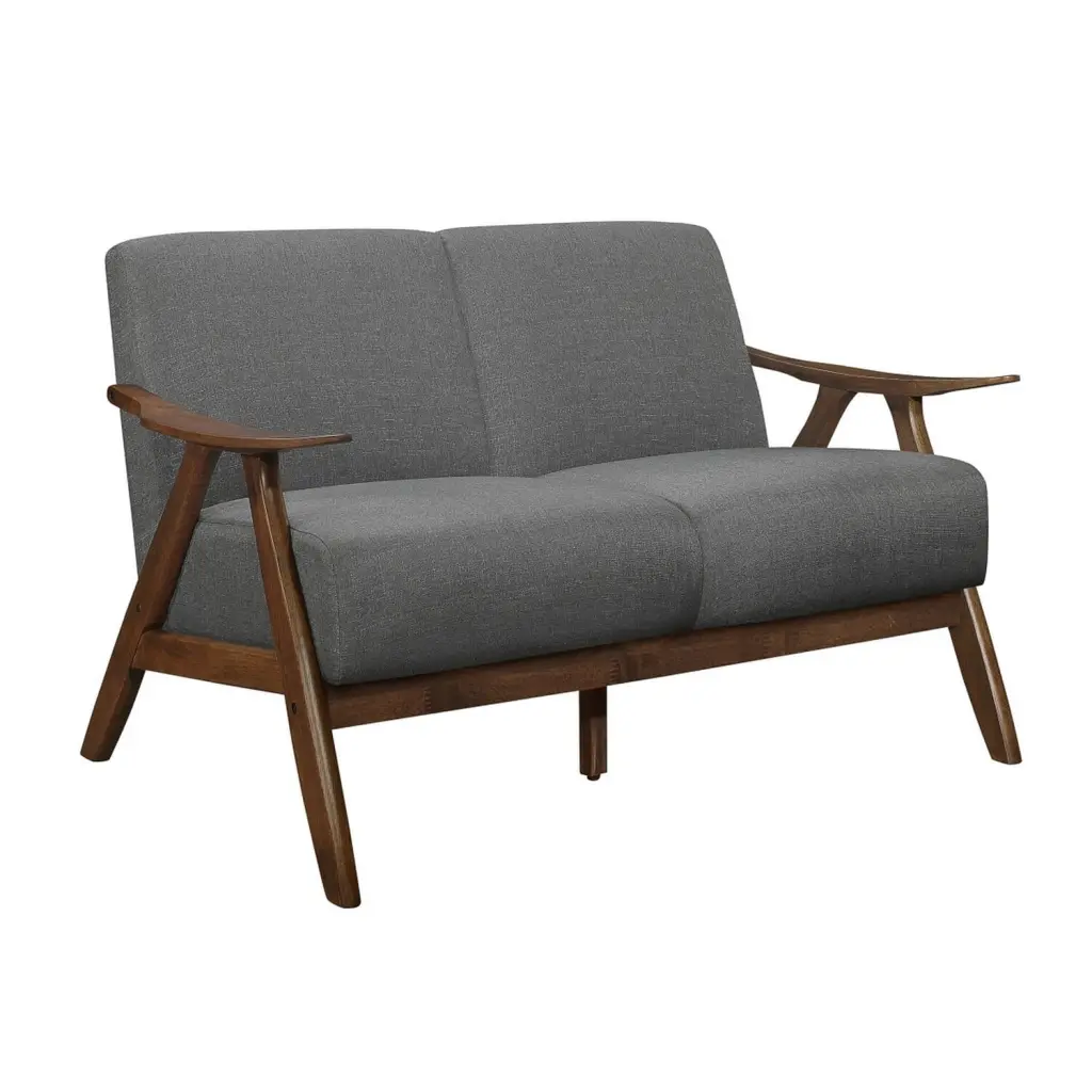 Benjara BM313161 51 Indy Loveseat Brown Wood Angled Frame Textured Light Grey Fabric
